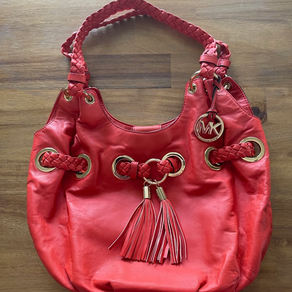 Michael Kors Xl Braided Grommet Shoulder Tote Red Leather